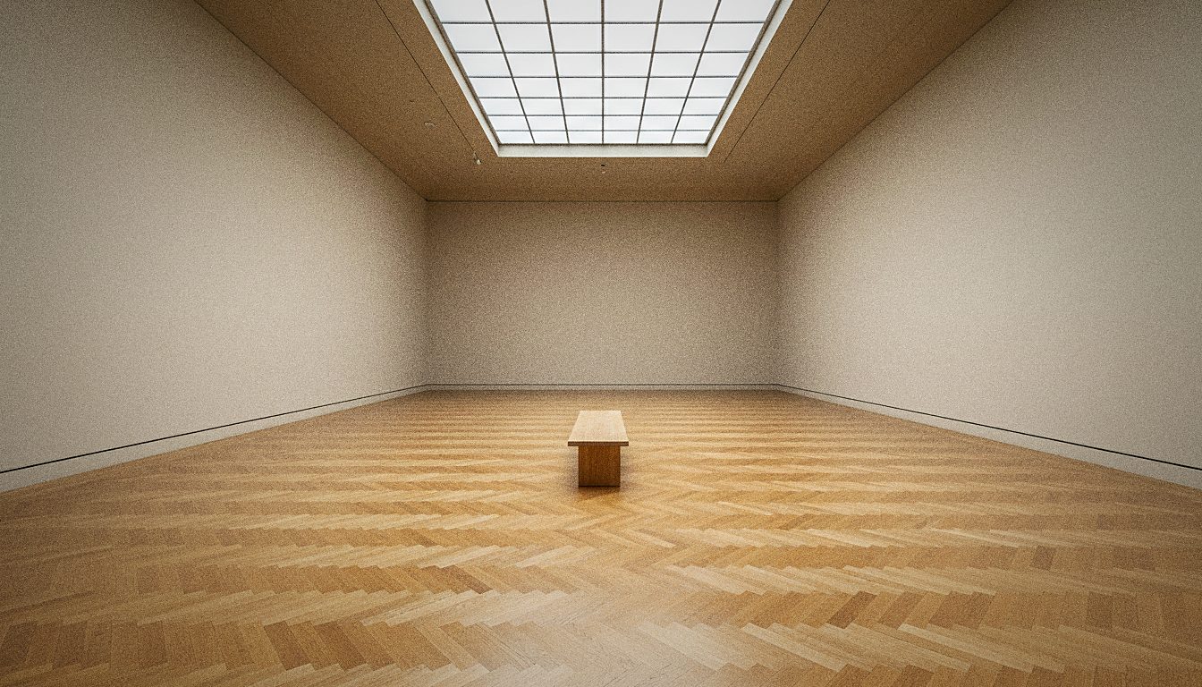 木の床とベンチのある静かな展示室のイメージ